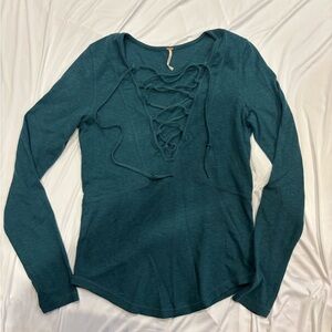 Free People Teal Lace-Up Long Sleeve Top